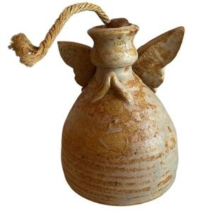 pottery angel oil lamp W/Original wick glazed in earthy brown tones Signed